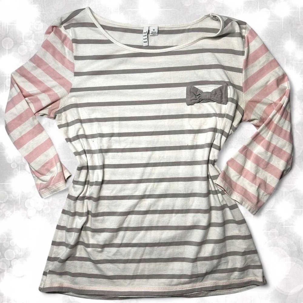 Babydoll Y2K Girly Striped Bow 3/4 Sleeve Top - Picture 3 of 7
